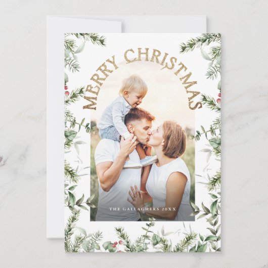 Kerstgroen Bladgoud Glitter Foto Feestdagenkaart (Voorkant)