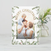 Kerstgroen Bladgoud Glitter Foto Feestdagenkaart (Staand voorkant)