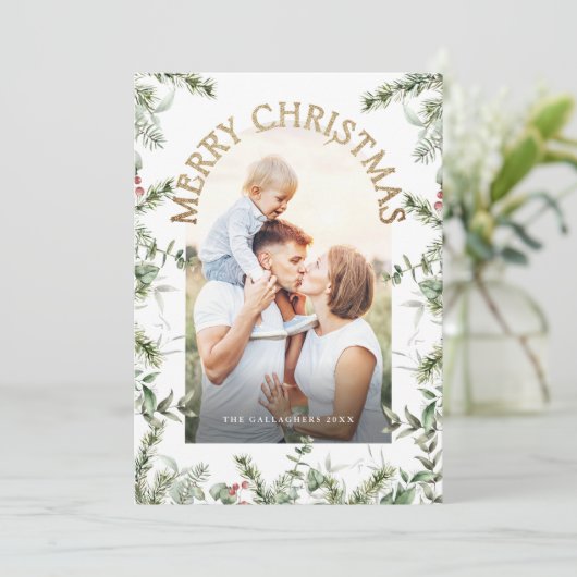 Kerstgroen Bladgoud Glitter Foto Feestdagenkaart (Staand voorkant)