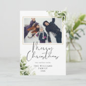 Kerstgroen Bloem Goud Foto Feestdagenkaart (Staand voorkant)