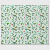 Kerstgroen Bloemen Bessen Groene Kerstmis Cadeaupapier (Vlak)