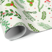 Kerstgroen Bloemen Bessen Groene Kerstmis Cadeaupapier (Rol Hoek)