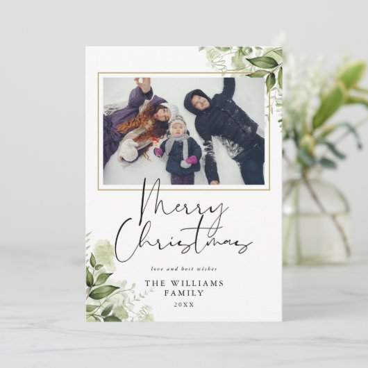 Kerstgroen Bloemrijk Goud Foto Feestdagenkaart (Staand voorkant)