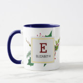 Kerstgroen Elegant Rode Monogram Blauwe Mok (Links)