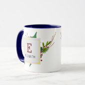 Kerstgroen Elegant Rode Monogram Blauwe Mok (Voorkant links)
