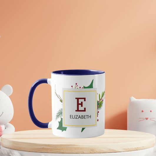 Kerstgroen Elegant Rode Monogram Blauwe Mok