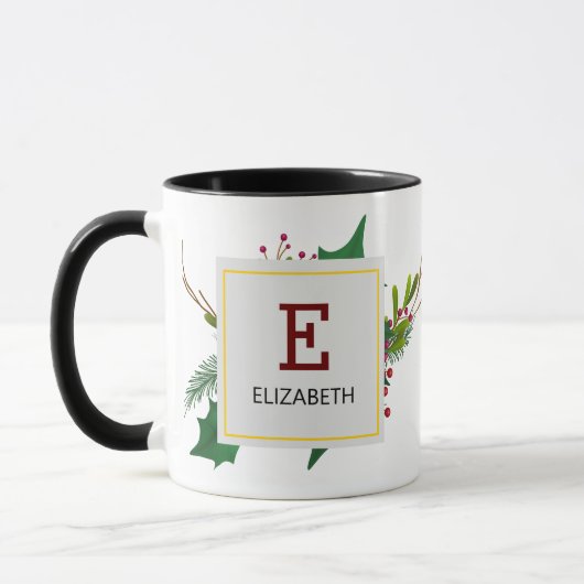 Kerstgroen Elegant Rood Monogram Zwart Mok (Links)