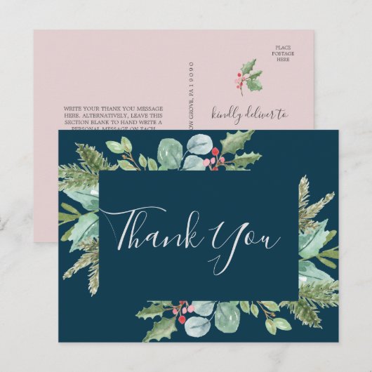 Kerstgroen en Berry Navy Dank u Briefkaart (Voorkant / Achterkant)