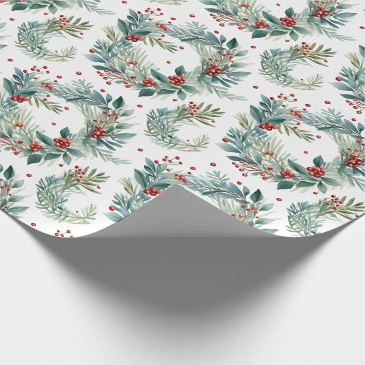 Kerstgroen en bessen moderne kerst cadeaupapier (Hoek)