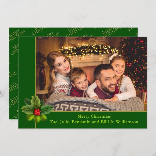Kerstgroen en gouden Lijst met Holly-foto Feestdagenkaart (Voorkant / Achterkant)