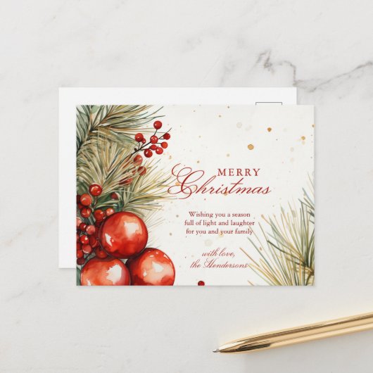 Kerstgroen en Ornamenten Feestdagenkaart (Voorkant / Achterkant in situ)
