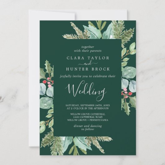 Kerstgroen en rode Berry | Groen huwelijk Kaart (Voorkant)