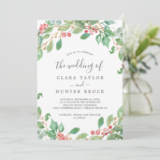 kerstgroen en rode Berry het huwelijk van Kaart (Staand voorkant)