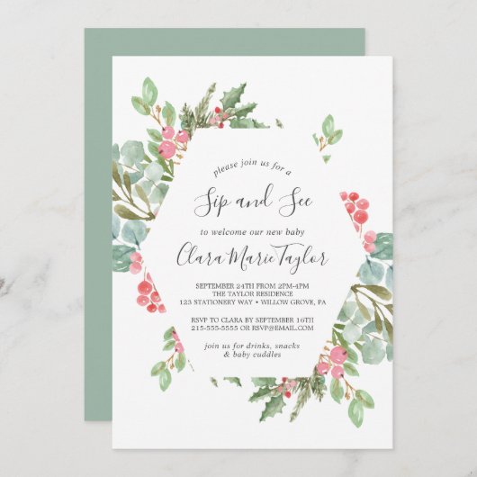 Kerstgroen en rode Berry Sip en zie Kaart (Voorkant / Achterkant)