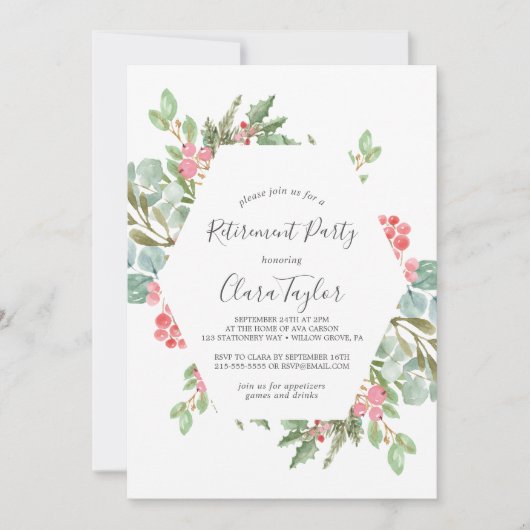 Kerstgroen en rode bes pensioneringsfeest kaart (Voorkant)