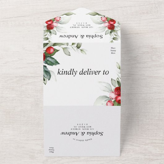 Kerstgroen en rode bessen all in one uitnodiging (Buitenkant)