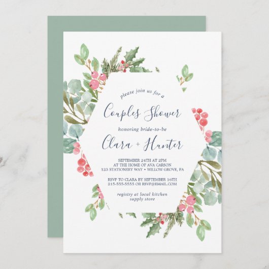 kerstgroen en rode bessen met een douche kaart (Voorkant / Achterkant)