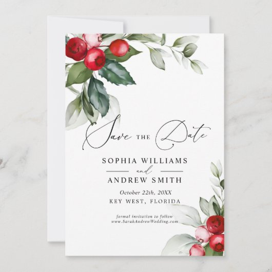 kerstgroen en rode bessen sparen de datum kaart (Voorkant)