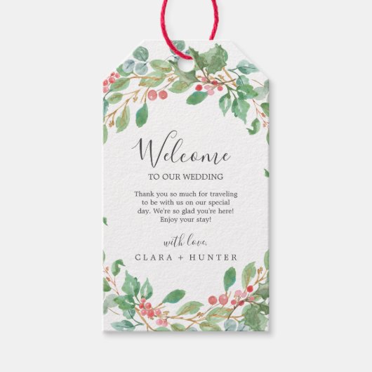 Kerstgroen en rood huwelijk welkom cadeaulabel (Voorkant)