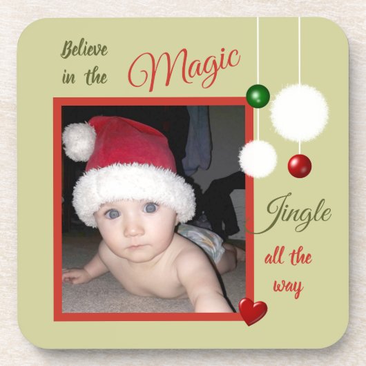 Kerstgroen en rood met foto's en bubbels bier onderzetter (Voorkant)