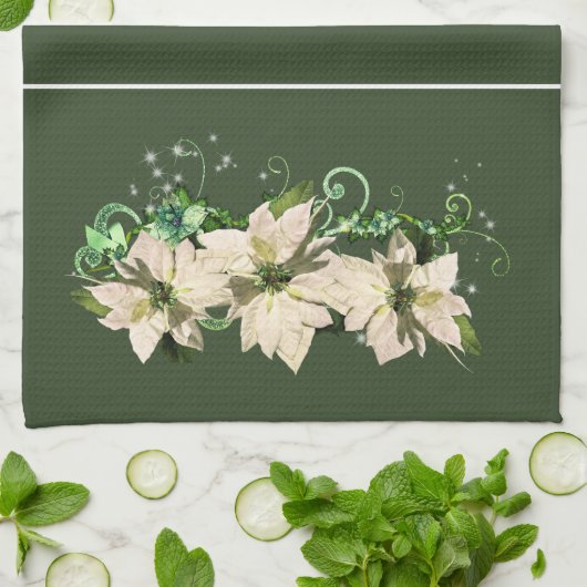 Kerstgroen en wit Poinsettia Kitchen Towel Theedoek (Gevouwen)