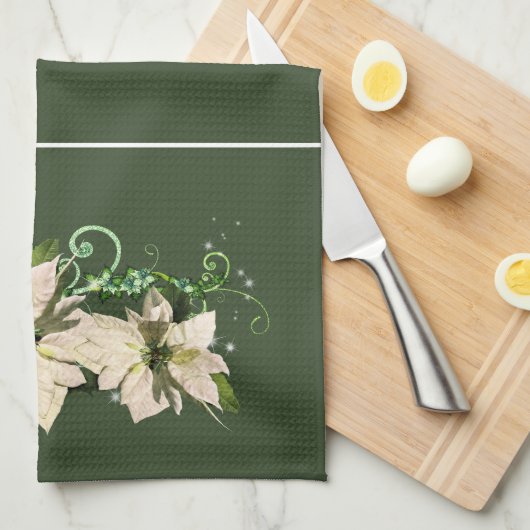 Kerstgroen en wit Poinsettia Kitchen Towel Theedoek (Quarter Fold)
