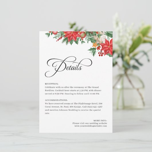 Kerstgroen gebladerte Elegante bruiloft details Informatiekaartje (Staand voorkant)