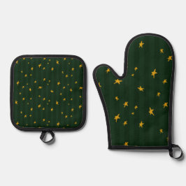 Kerstgroen Gele Streep Ster Kerstmis Ovenwant & Pannenlap Set