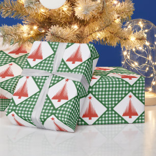 Kerstgroen geruit met rode boom cadeaupapier