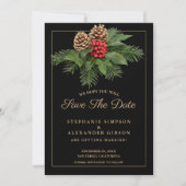 Kerstgroen goud op zwarte feestdag bruiloft save the date (Voorkant)