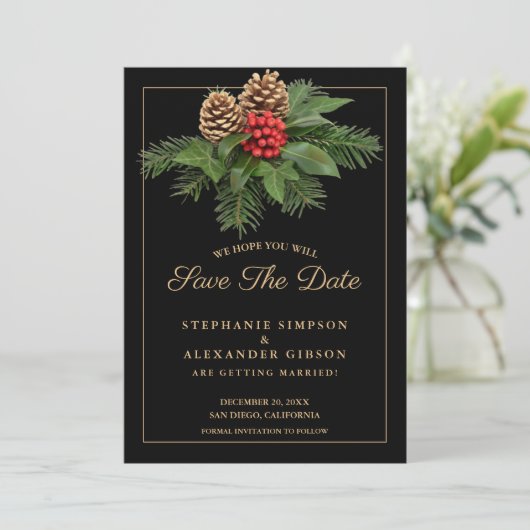 Kerstgroen goud op zwarte feestdag bruiloft save the date (Staand voorkant)