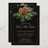 Kerstgroen goud op zwarte feestdag bruiloft save the date (Voorkant / Achterkant)