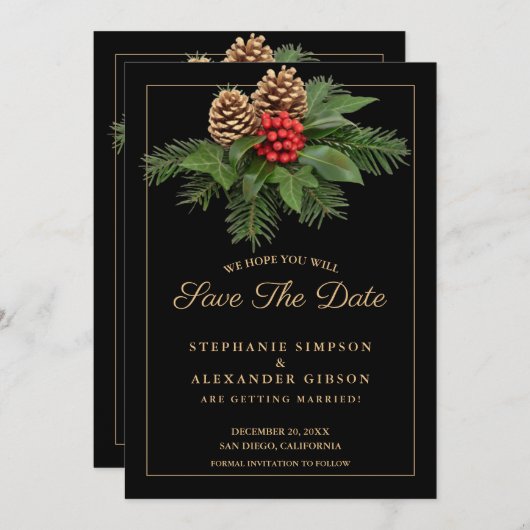 Kerstgroen goud op zwarte feestdag bruiloft save the date (Voorkant / Achterkant)