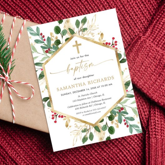 Kerstgroen goud rode hollies Doop Kaart