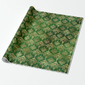Kerstgroen/gouden Damaspatroon Cadeaupapier (Uitgerold)