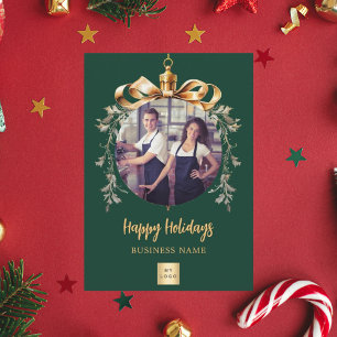 Kerstgroen gouden ornament bedrijfslogo foto feestdagenkaart