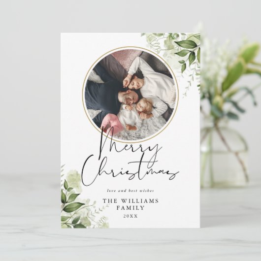 Kerstgroen Gouden Ring Foto Feestdagenkaart (Staand voorkant)