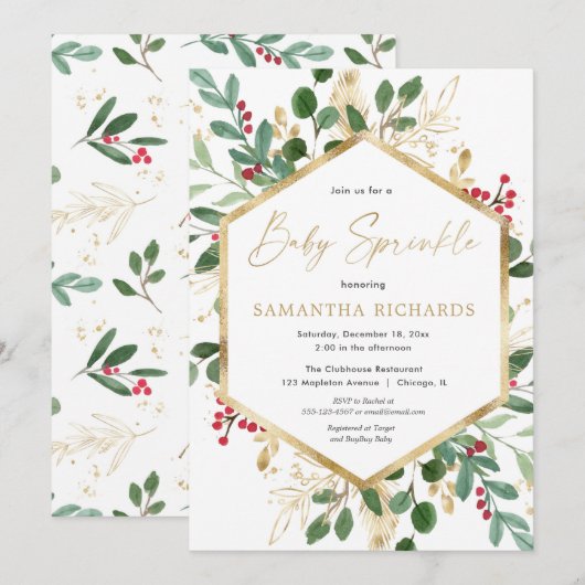 Kerstgroen gouden rode Hollies baby strooien Kaart (Voorkant / Achterkant)