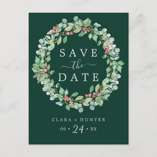 kerstgroen | Groene Wreath Save the Date Uitnodiging Briefkaart (Voorkant)