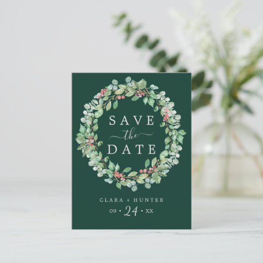 kerstgroen | Groene Wreath Save the Date Uitnodiging Briefkaart (Staand voorkant)