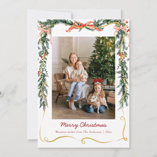 Kerstgroen Guirlandes en Boog 1 Foto Feestdagenkaart (Voorkant)