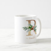 kerstgroen Holly Red Berries Gold Monogram R Koffiemok (Voorkant rechts)