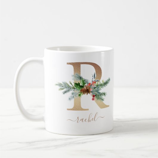 kerstgroen Holly Red Berries Gold Monogram R Koffiemok (Links)