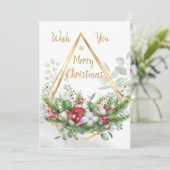 Kerstgroen, kerstballen, gouden effect lijst feestdagenkaart (Staand voorkant)