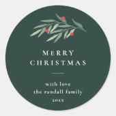Kerstgroen laat minimale typografie groen ronde sticker (Voorkant)