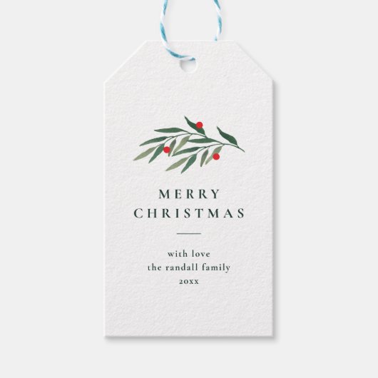 Kerstgroen laat minimale typografie wit cadeaulabel (Voorkant)