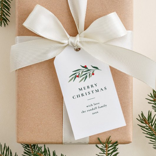 Kerstgroen laat minimale typografie wit cadeaulabel