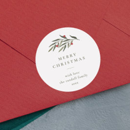 Kerstgroen laat minimale typografie wit ronde sticker