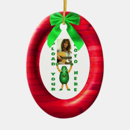 Kerstgroen lint rood add fotoportal keramisch ornament (Voorkant)