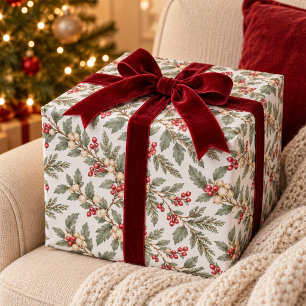 Kerstgroen met rode en witte bessen in vintage sti cadeaupapier